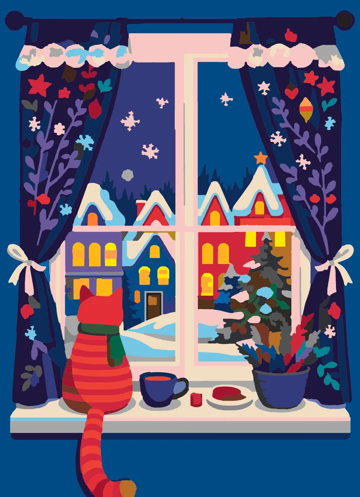 A Feline’s Festive Winter Watch paint by numbers kit with 32 colors