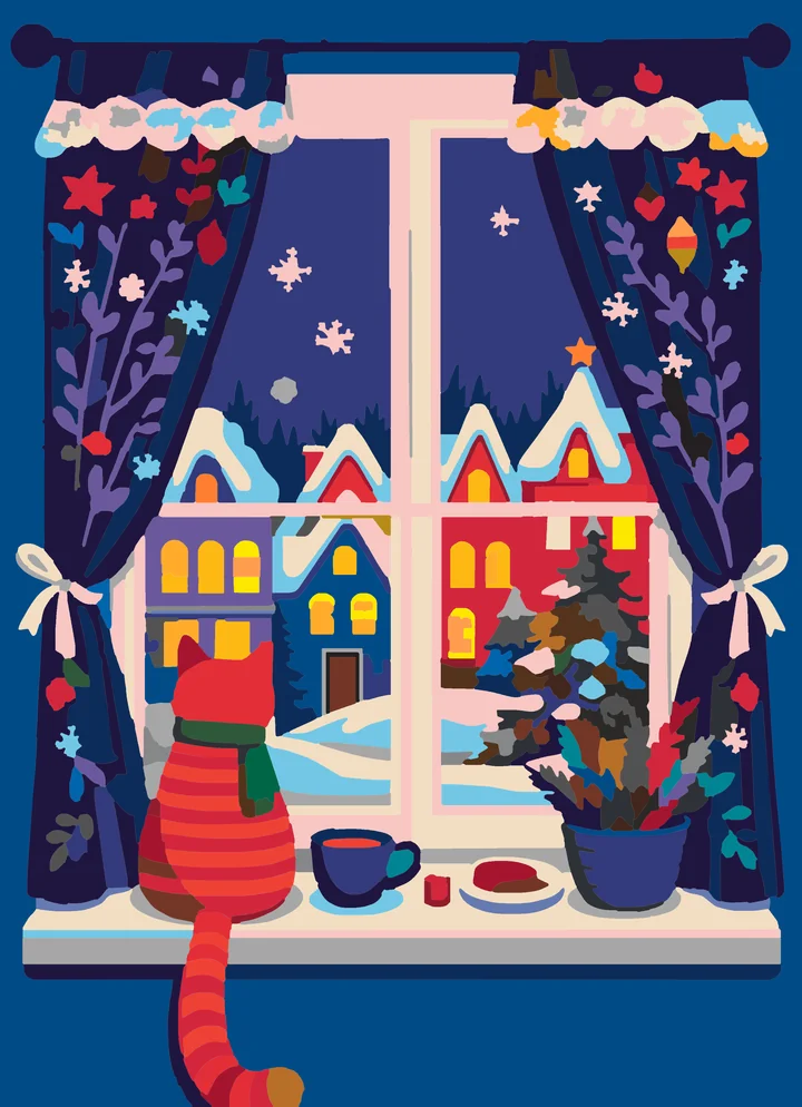 A Feline’s Festive Winter Watch paint by numbers kit with 38 colors