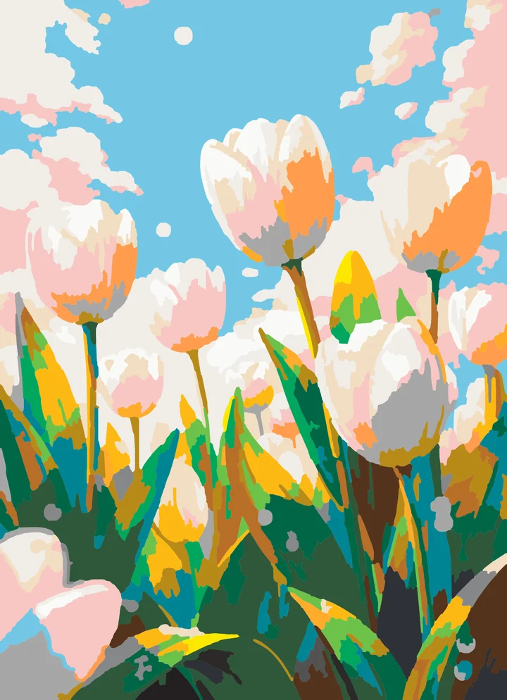 Dewdrop’s Dance on Tulip Petals paint by numbers kit with 25 colors