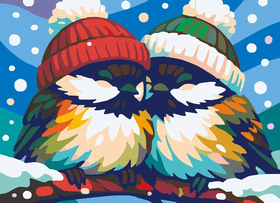 Huddled Hearts in Snowy Hats - Holiday Intermediate paint by numbers kit
