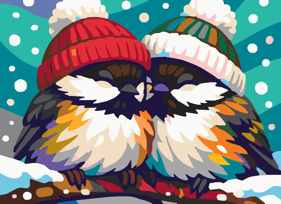 Huddled Hearts in Snowy Hats paint by numbers kit with 33 colors