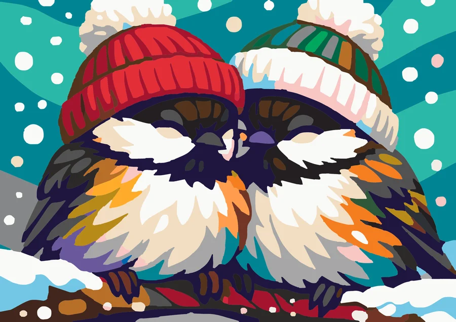 Huddled Hearts in Snowy Hats - Holiday Intermediate paint by numbers kit