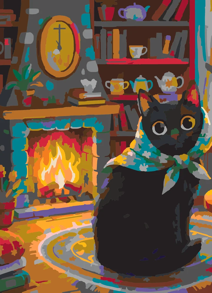 Madam Whiskers’ Cozy Winter Hearth paint by numbers kit with 27 colors