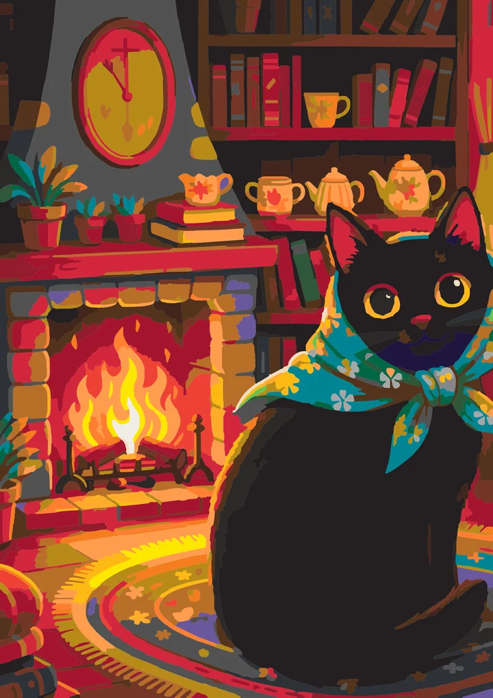 Madam Whiskers’ Cozy Winter Hearth paint by numbers kit with 32 colors