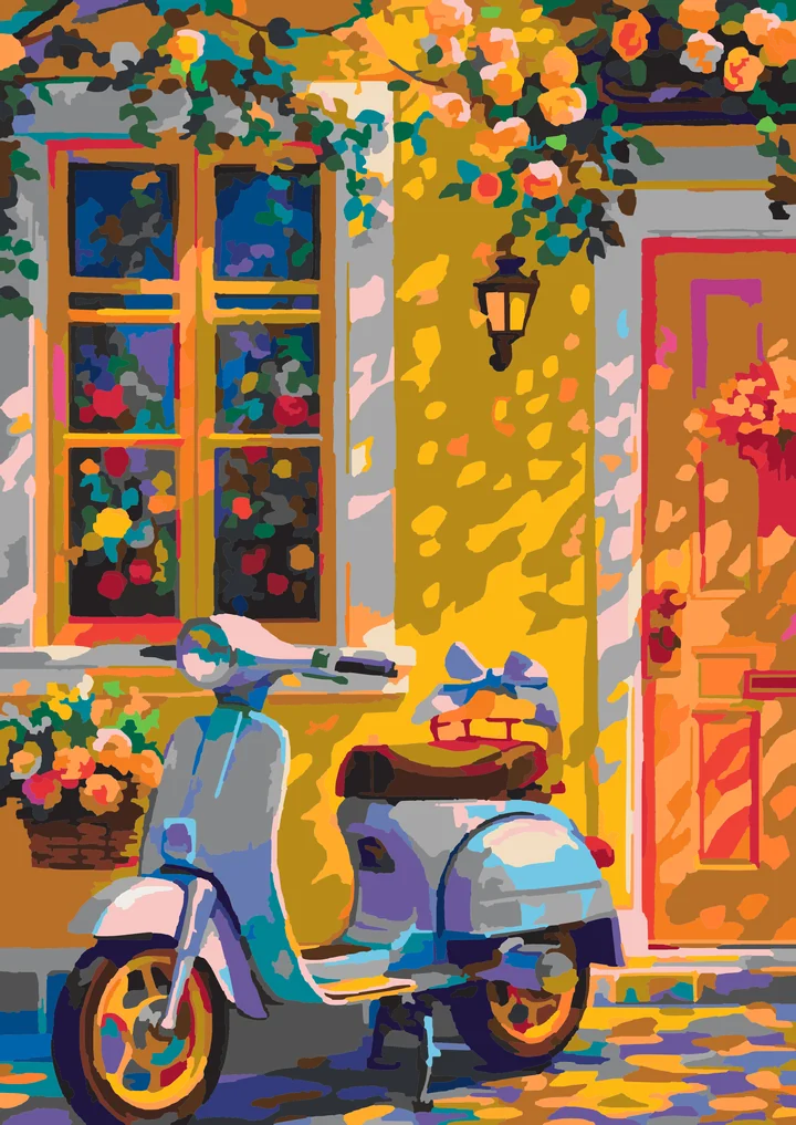 Vespa’s Blooming Balcony Break paint by numbers kit with 41 colors