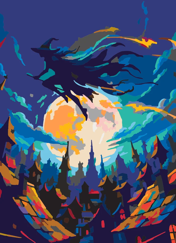 Witch’s Midnight Rooftop Commute paint by numbers kit with 35 colors