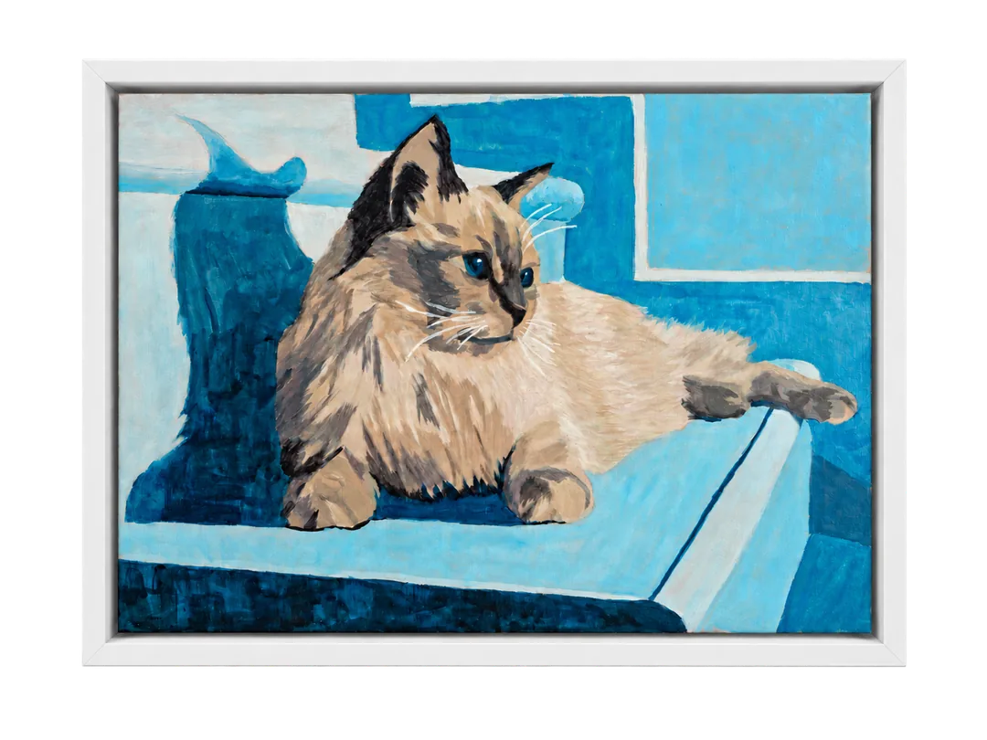 Framed Blue Room, 3PM acrylic painting with a reclining cat