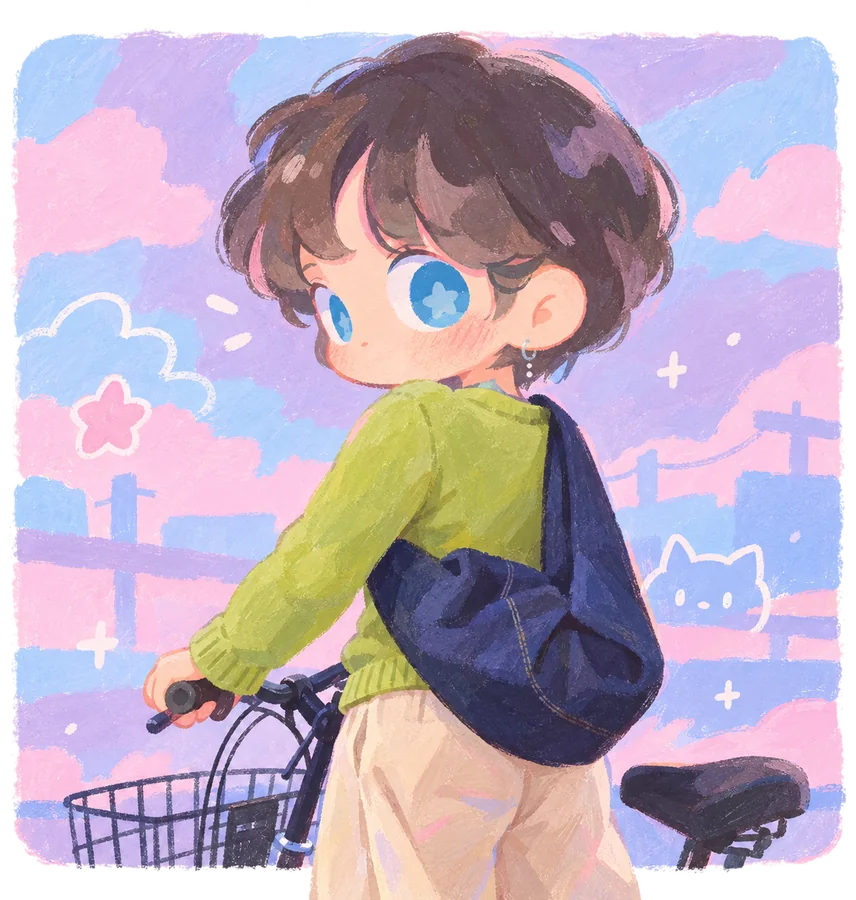 Illustrated character beside a bicycle against pink and blue watercolor
