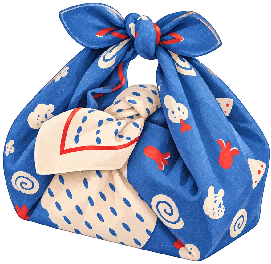 Blue patterned Carré tied into a carrying bag