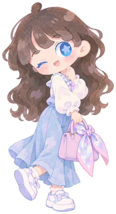 Illustrated character in a blue skirt carrying a pink scarf-tied bag
