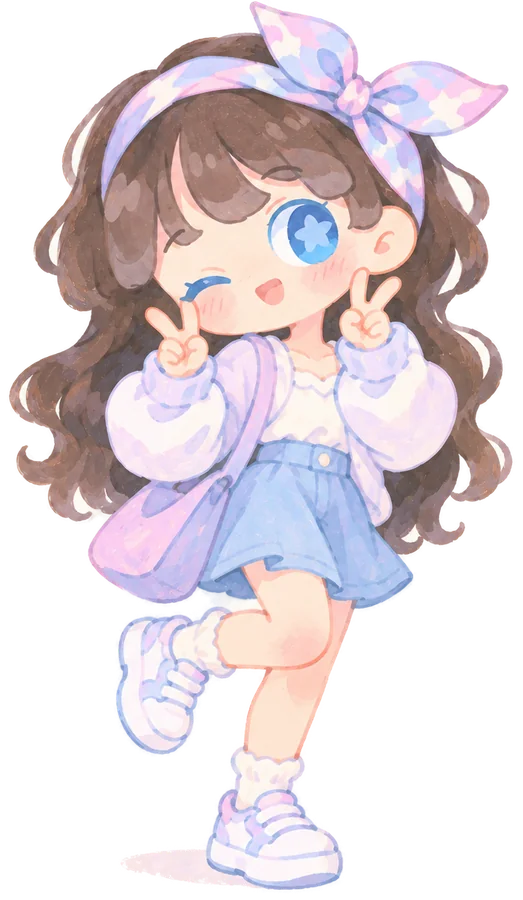 Illustrated character wearing a pastel floral scarf as a headband