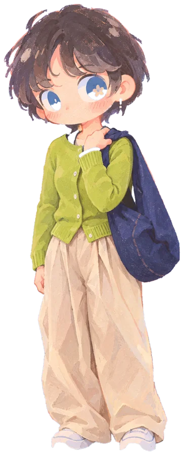 Illustrated character in a green cardigan carrying a blue shoulder bag