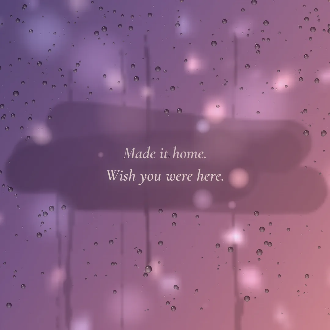 Dear design with a revealed letter, dusk-purple glass, luminous bokeh and raindrops