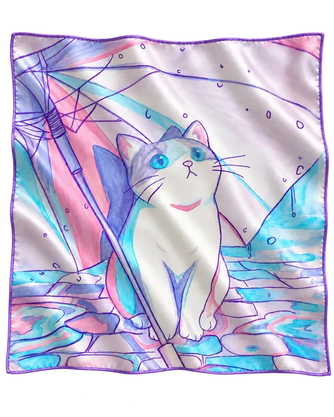 Silk scarf with a pastel cat artwork