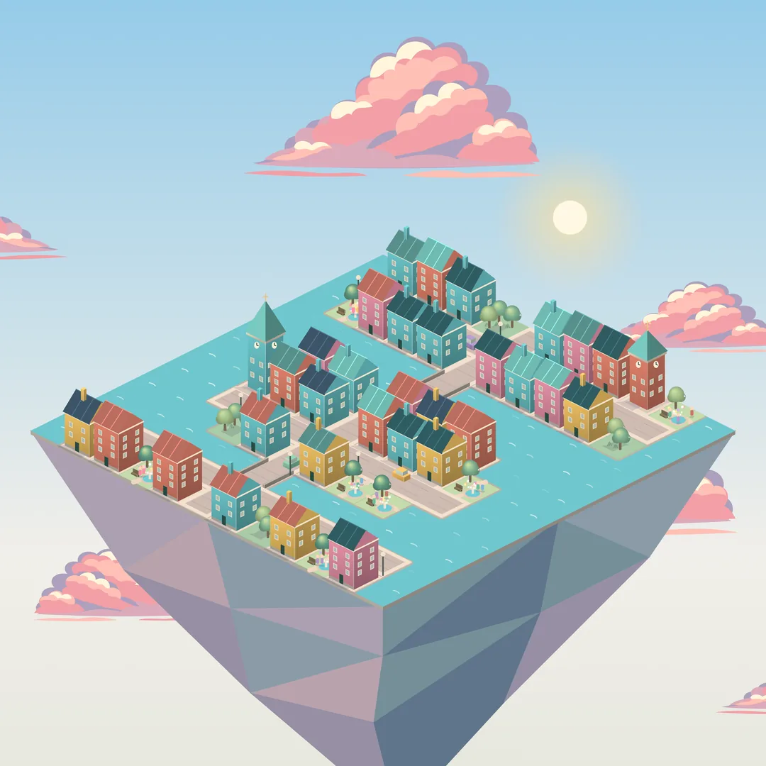 Mini City design with pastel buildings, parks and waterways